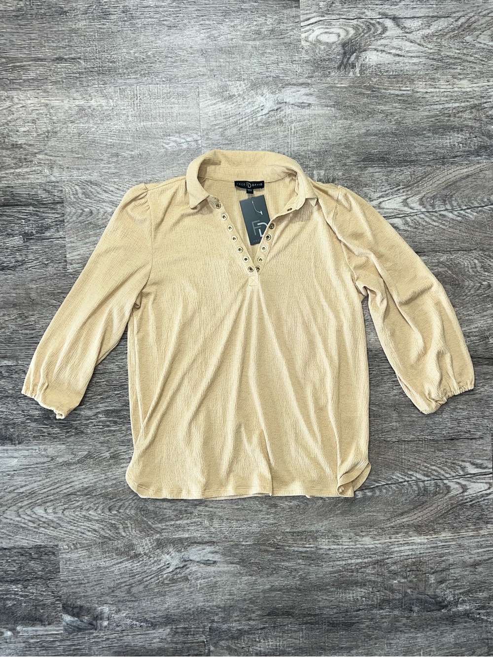 Fred David Tan Button Down Crop Sleeve Preppy Blouse Top Women’s Size Medium